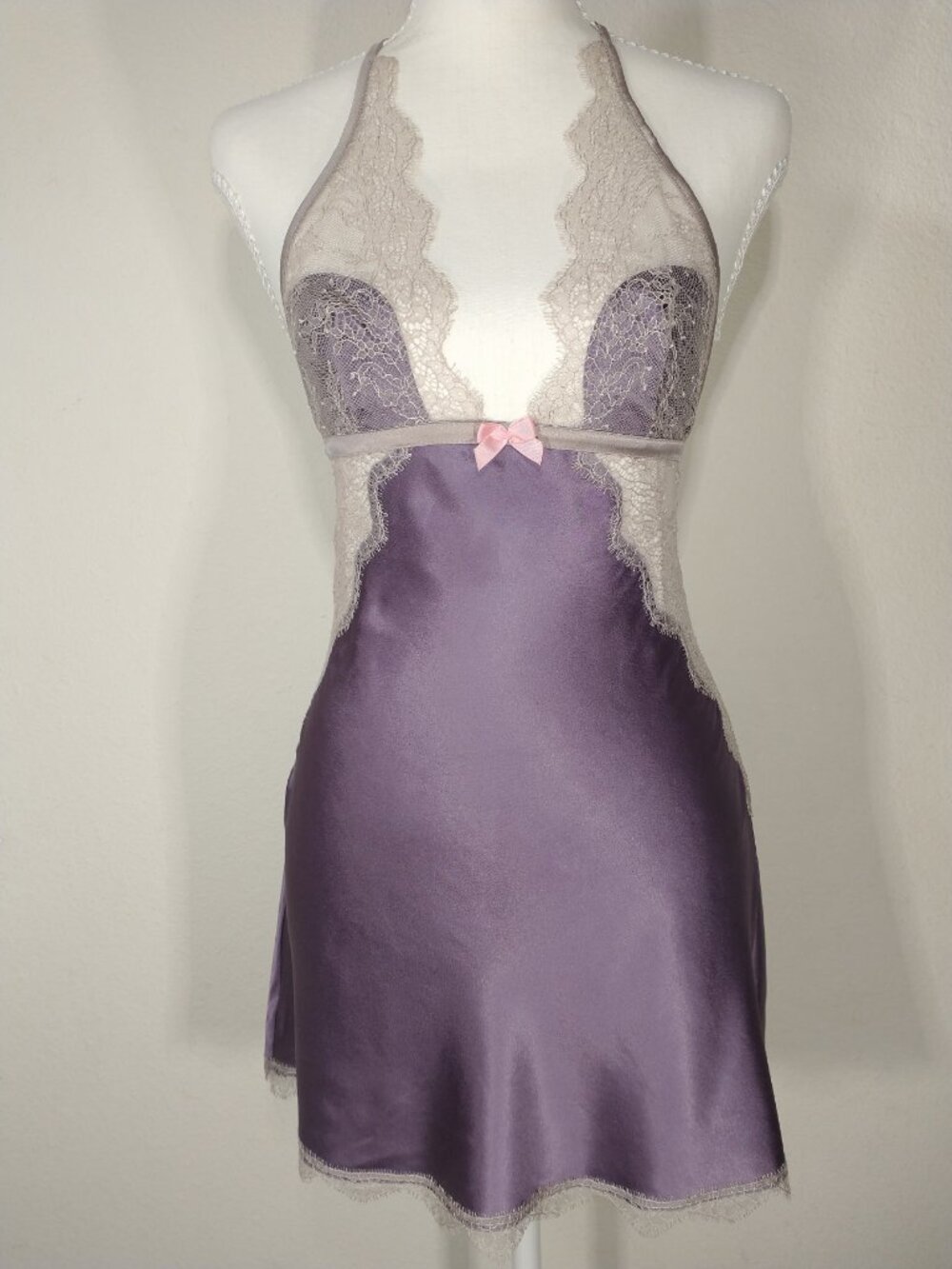 Victoria's Secret Lavender Lace Halter Mini Slip Open Back A-Line Sz S